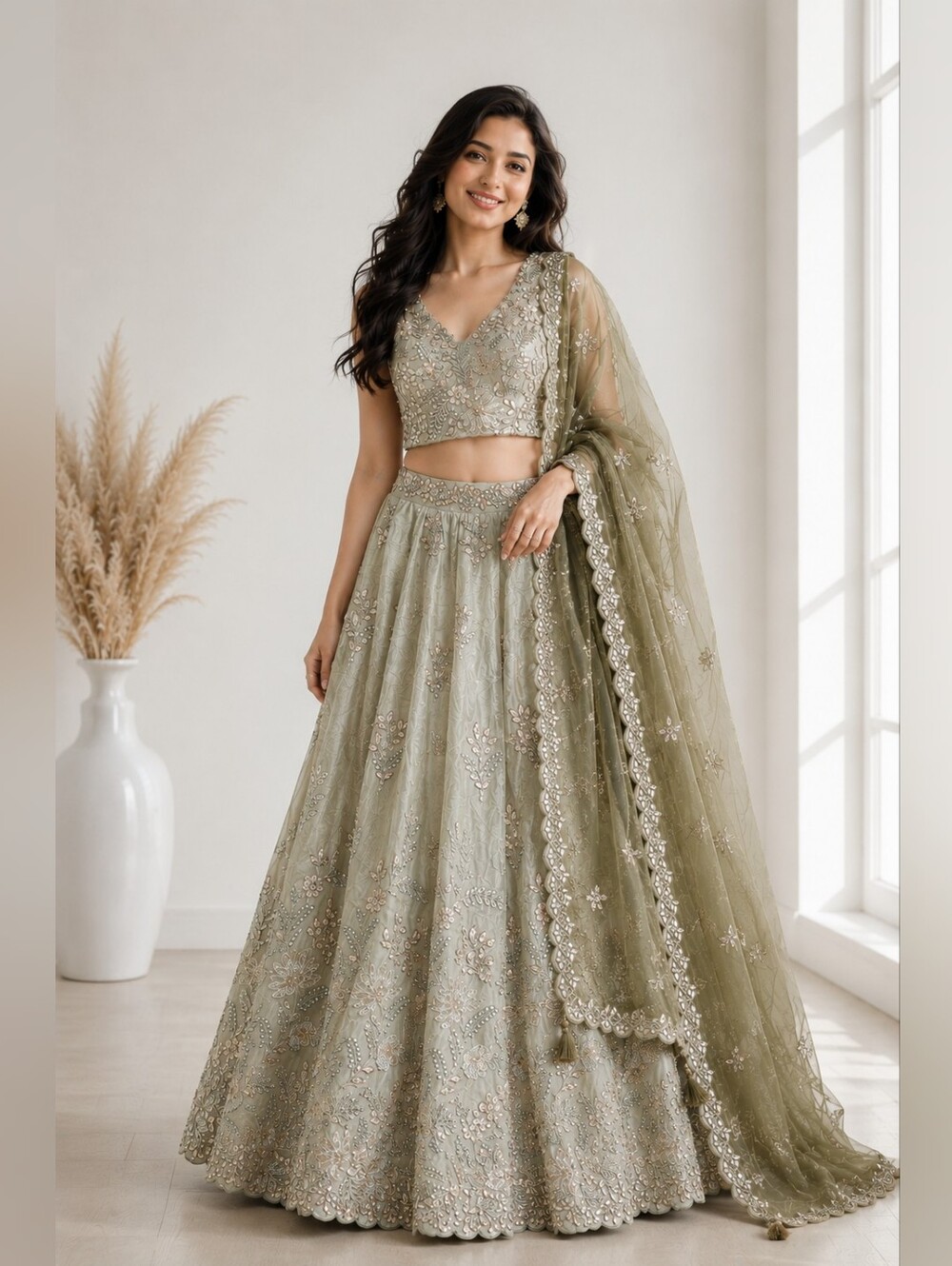 Pastel Sage Green & Champagne Embroidered Silk Blend Lehenga Choli Set